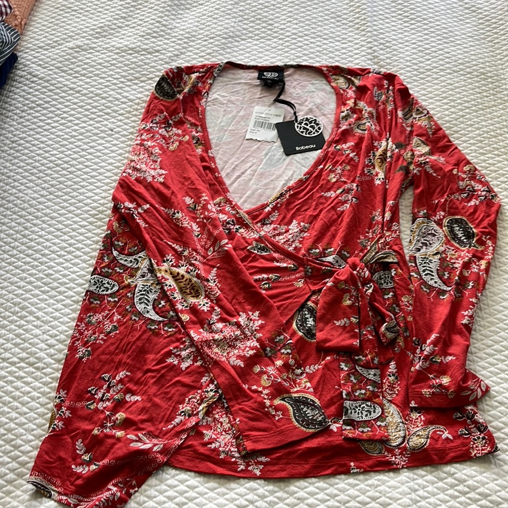 Orange floral print, boho style, wrap shirt
